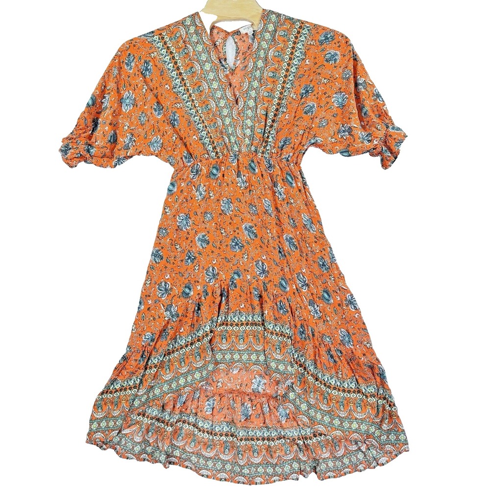 Umgee Olivia Paisley Dress Womens Small Orange Boho High‎ Low Floral